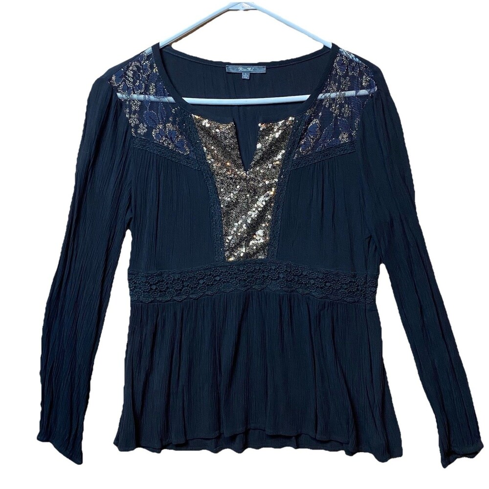 Miss Me Women’s Black Long Sleeve Sequin Lace Top Size L Boho